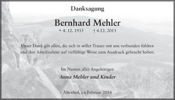 Traueranzeige von Bernhard Mehler 