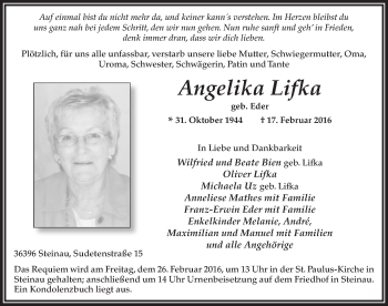 Traueranzeige von Angelika Lifka 