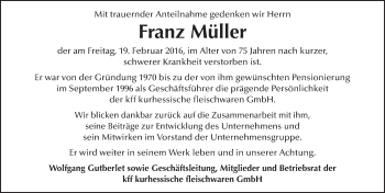 Traueranzeige von Franz Müller 