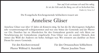 Traueranzeige von Anneliese Gläser 