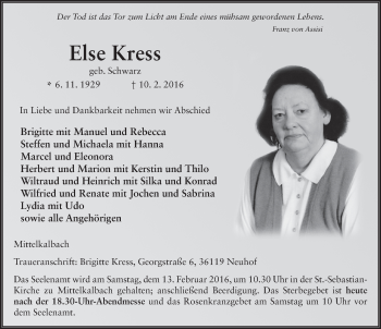 Traueranzeige von Else Kress 