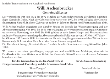 Traueranzeige von Willi Aschenbrücker 