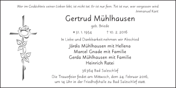 Traueranzeige von Gertrud Mühlhausen 