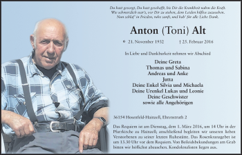 Traueranzeige von Anton Alt 