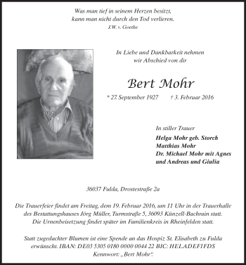 Traueranzeige von Bert Mohr 