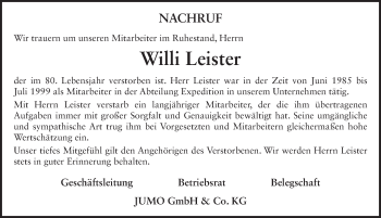 Traueranzeige von Willi Leister 