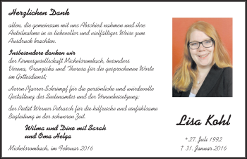 Traueranzeige von Lisa Kohl 