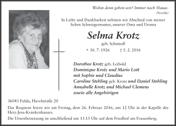 Traueranzeige von Selma Krotz 