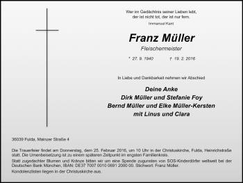 Traueranzeige von Franz Müller 