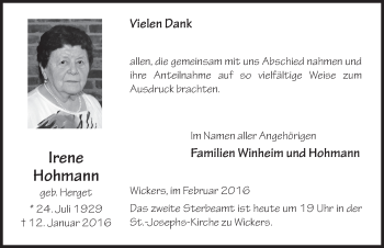 Traueranzeige von Irene Hohmann 