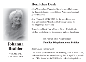 Traueranzeige von Johanna Brähler 