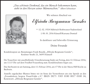 Traueranzeige von Elfrieda Bergmann-Gensler 