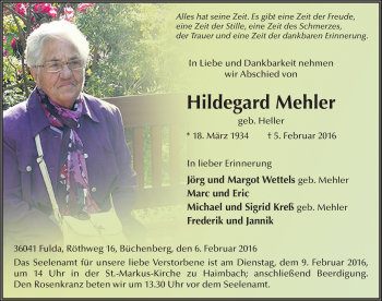Traueranzeige von Hildegard Mehler 
