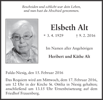 Traueranzeige von Elsbeth Alt 