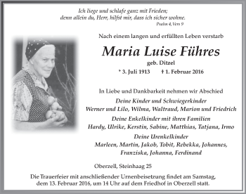 Traueranzeige von Maria Luise Führes 