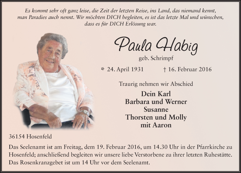  Traueranzeige für Paula Habig vom 18.02.2016 aus 