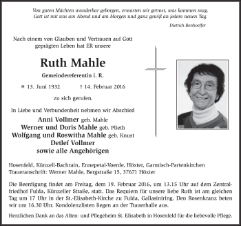 Traueranzeige von Ruth Mahle 