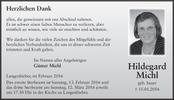 Traueranzeige von Hildegard Michl 