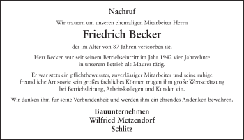 Traueranzeige von Friedrich Becker 