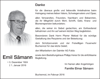 Traueranzeige von Emil Sämann 