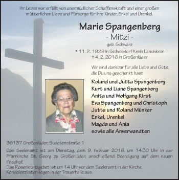 Traueranzeige von Marie Spangenberg 