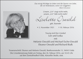 Traueranzeige von Liselotte Oswald 