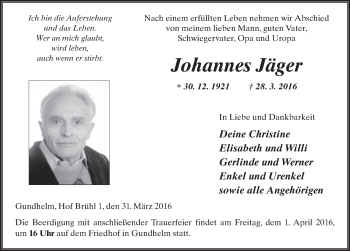 Traueranzeige von Johannes Jäger 