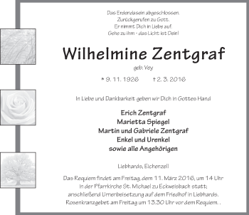 Traueranzeige von Wilhelmine Zentgraf 