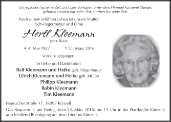 Traueranzeige von Hertl Kleemann 