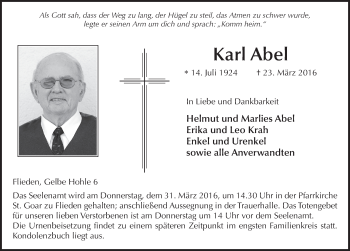 Traueranzeige von Karl Abel 