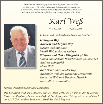 Traueranzeige von Karl Weß 