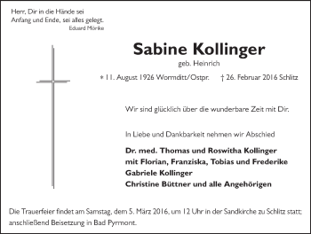 Traueranzeige von Sabine Kollinger 