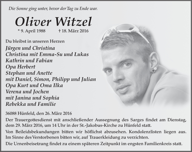  Traueranzeige für Oliver Witzel vom 26.03.2016 aus 
