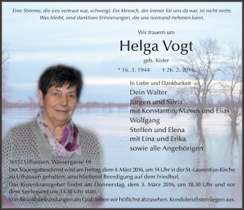 Traueranzeige von Helga Vogt 
