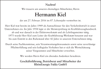 Traueranzeige von Hermann Kiel 