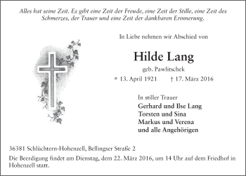 Traueranzeige von Hilde Lang 