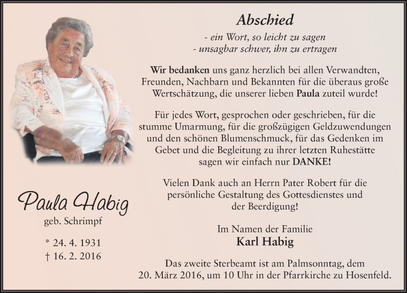  Traueranzeige für Paula Habig vom 18.03.2016 aus 
