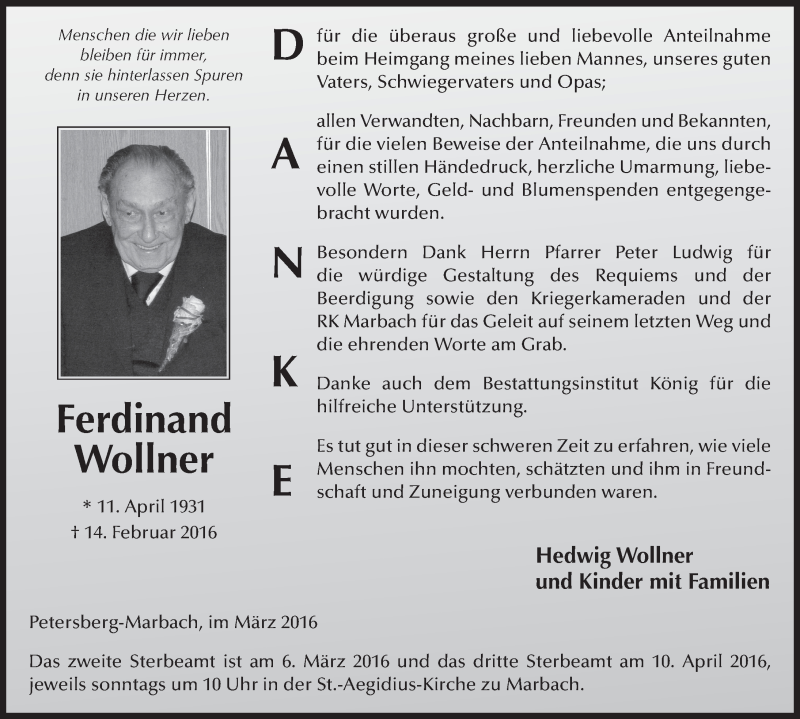  Traueranzeige für Ferdinand Wollner vom 04.03.2016 aus 