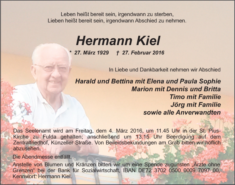  Traueranzeige für Hermann Kiel vom 01.03.2016 aus 