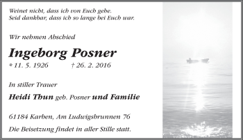 Traueranzeige von Ingeborg Posner 
