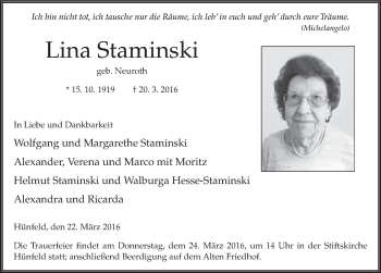 Traueranzeige von Lina Staminski 