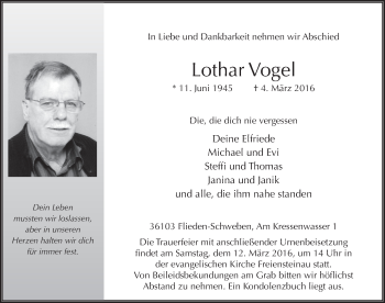 Traueranzeige von Lothar Vogel 