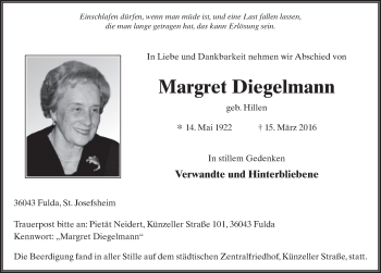 Traueranzeige von Margret Diegelmann 