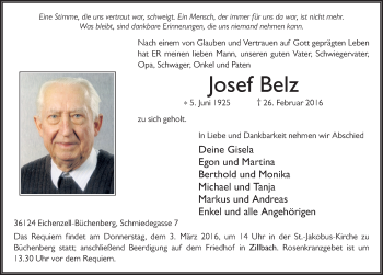 Traueranzeige von Josef Belz 