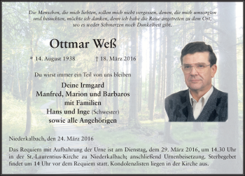 Traueranzeige von Ottmar Weß 