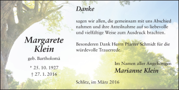 Traueranzeige von Margarete Klein 