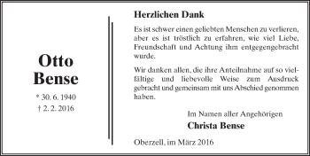 Traueranzeige von Otto Bense 