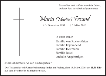 Traueranzeige von Maria Freund 