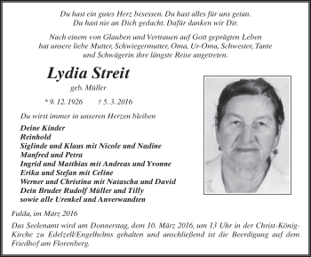 Traueranzeige von Lydia Streit 