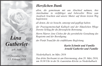 Traueranzeige von Lina Gutberlet 